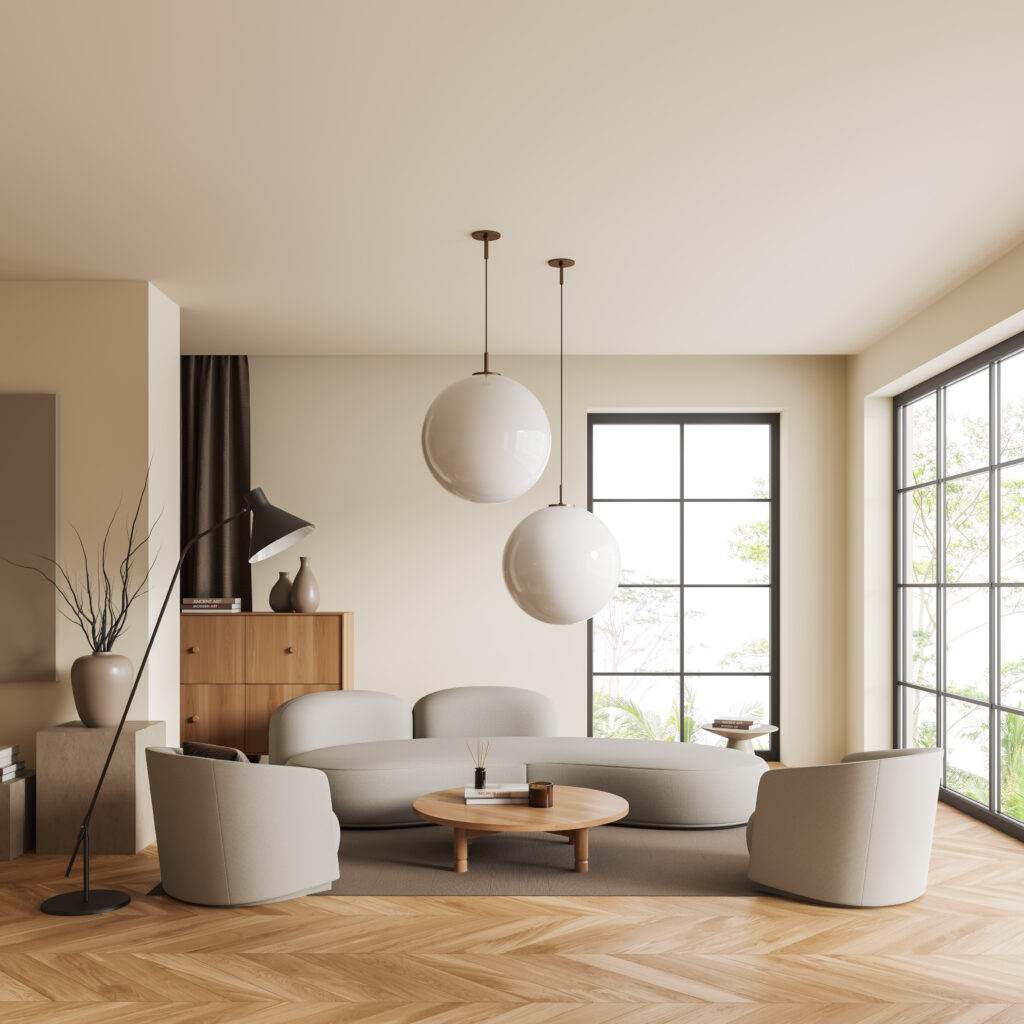 Beige lounge interior with sofa and two armchairs, coffee table and commode with decoration, carpet on hardwood floor. Panoramic window on tropics. 3D rendering